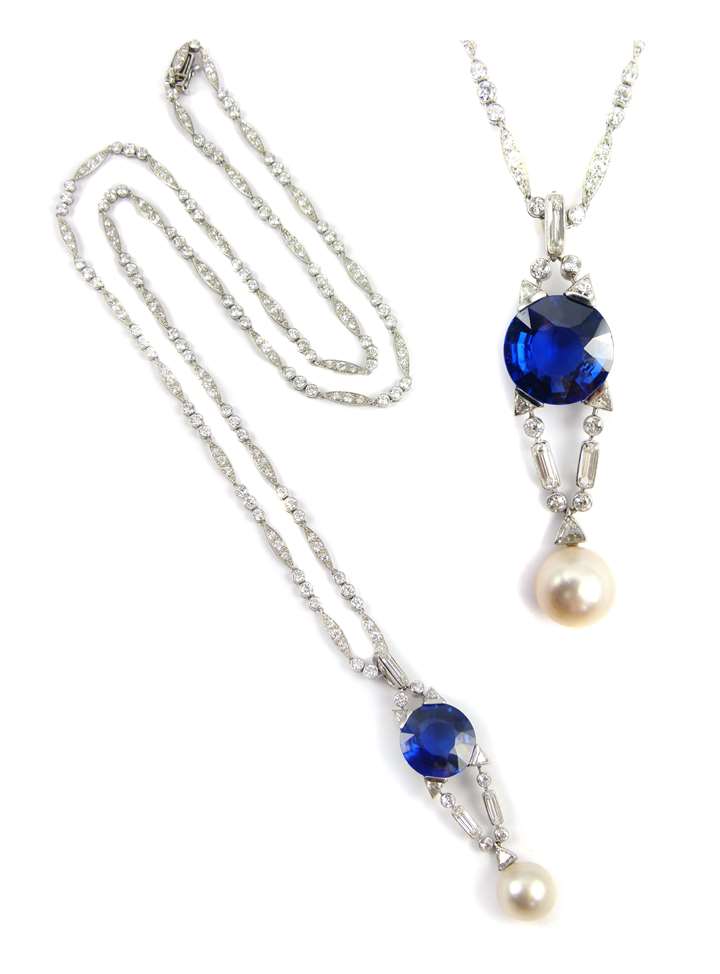 Early 20th century single stone sapphire, pearl and diamond pendant together with a diamond set necklace
